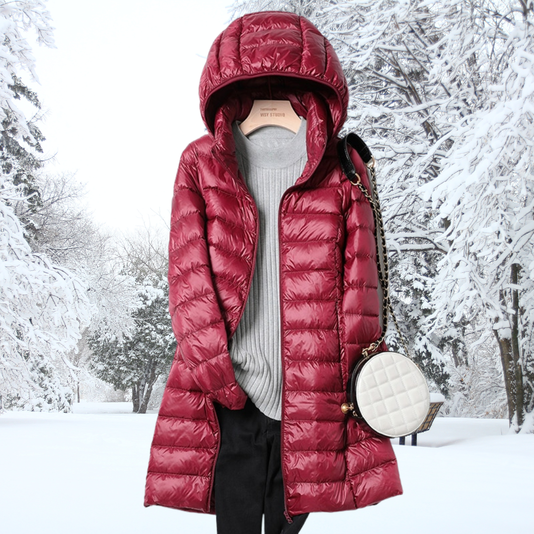 Slim black ultra-light down jacket with hood, lightweight insulation for cold weather mobility