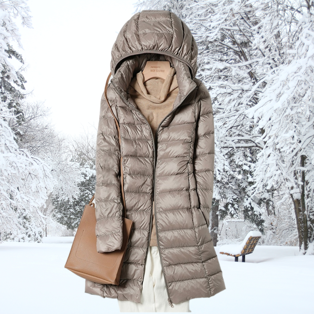 Slim ultra-light down jacket with hood, lightweight insulation for cold weather comfort and freedom of movement