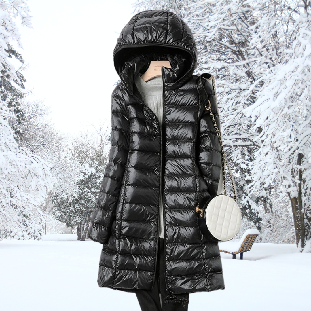 Slim-fit ultra-light puffer down jacket with hood, lightweight insulation for cold weather mobility