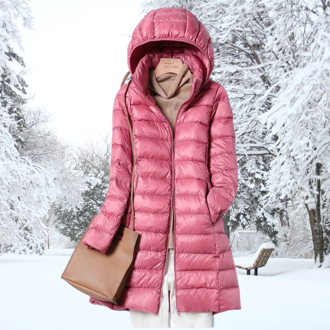 Slim-fit ultra-light down puffer jacket with hood, lightweight insulation for cold weather mobility