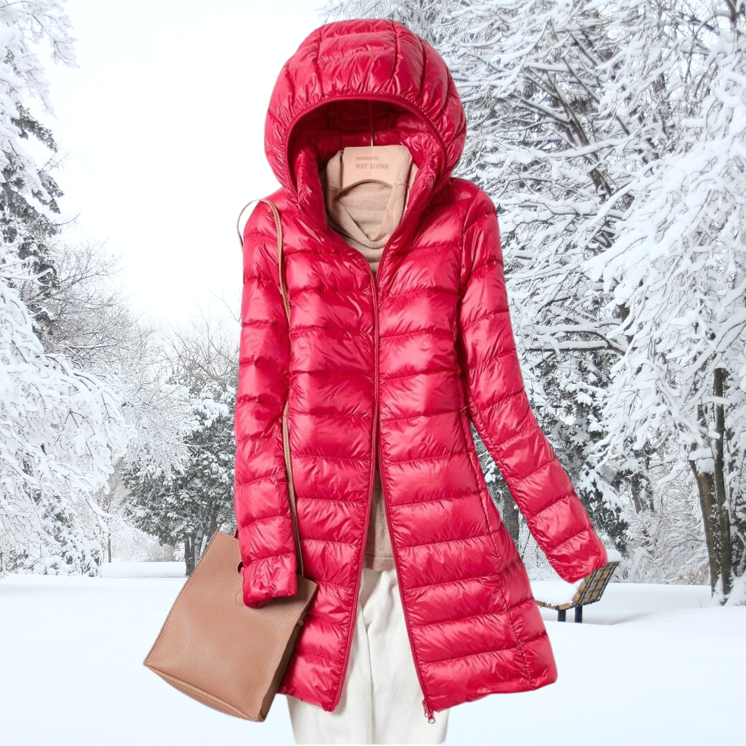 Slim-fit ultra-light down puffer jacket with hood, lightweight insulation for cold weather mobility