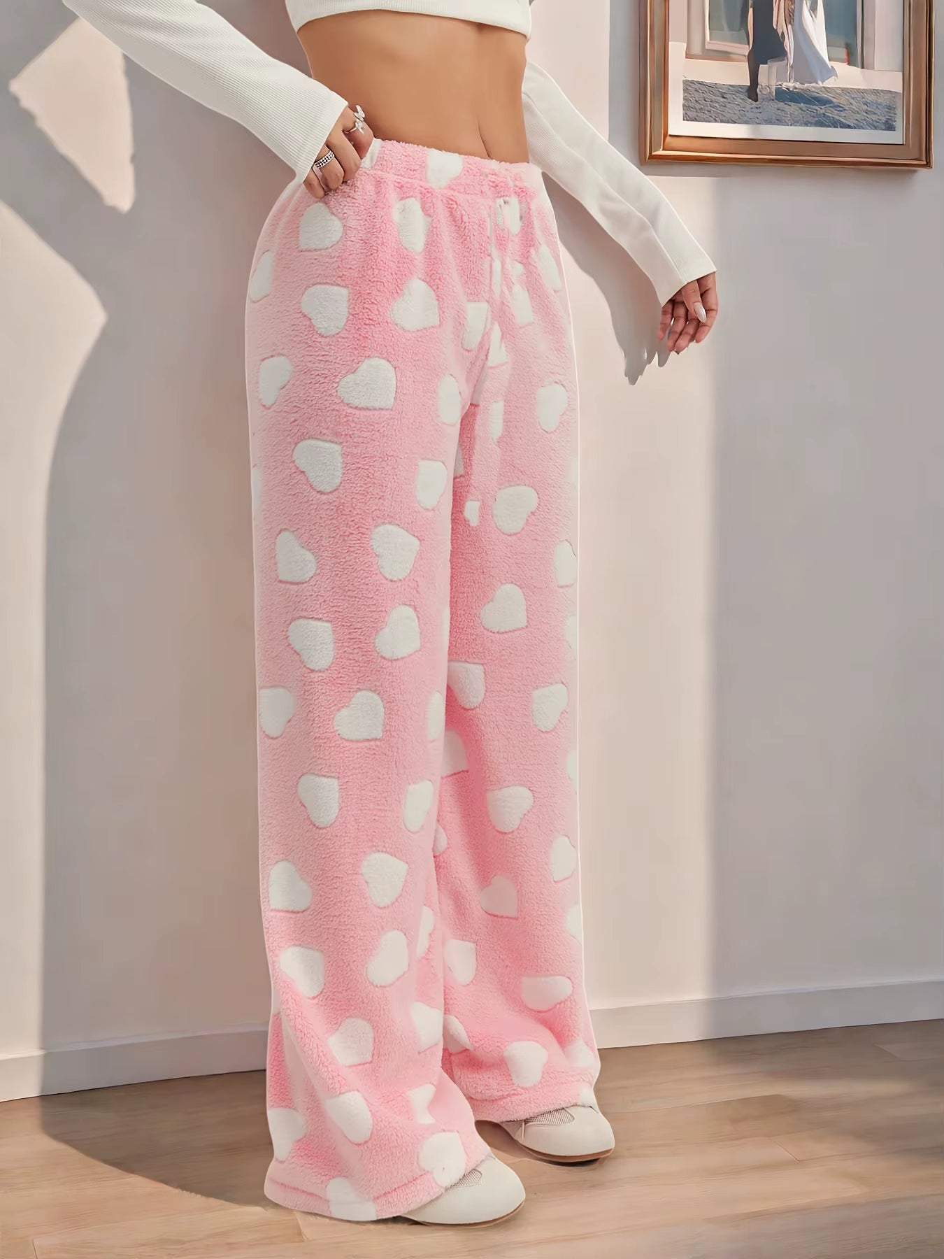 Celestial moon-and-star fleece lounge pants, wide-leg cut, double-brushed plush warmth