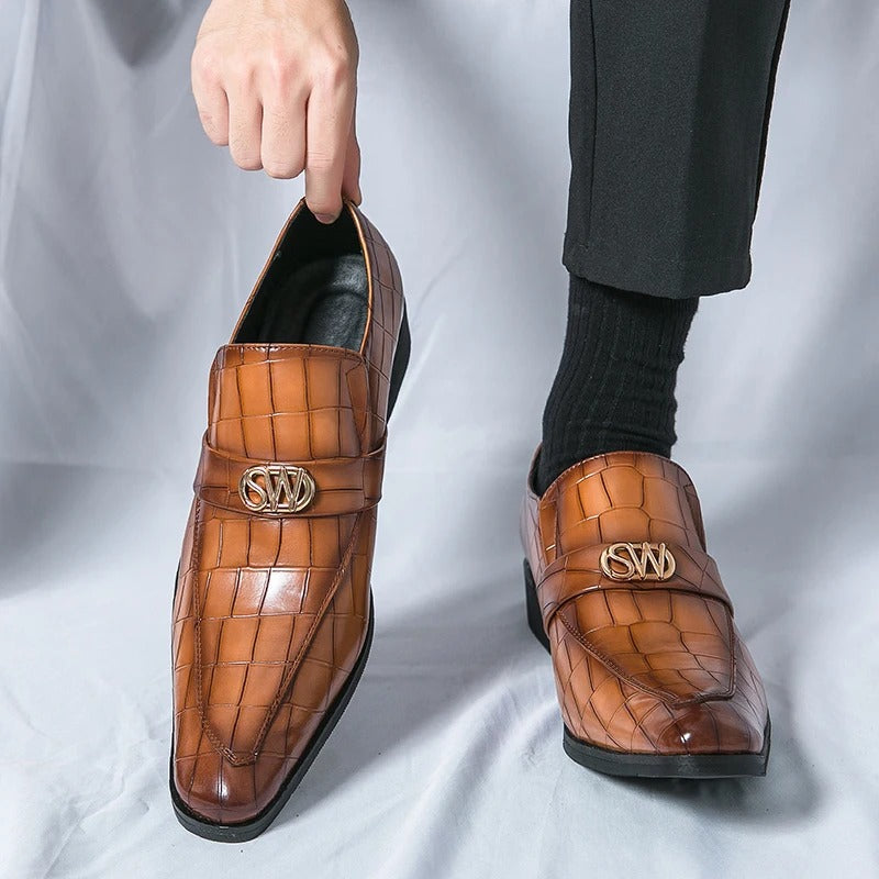 Black crocodile-textured genuine leather loafers for men with embossed pattern, slip-on professional style