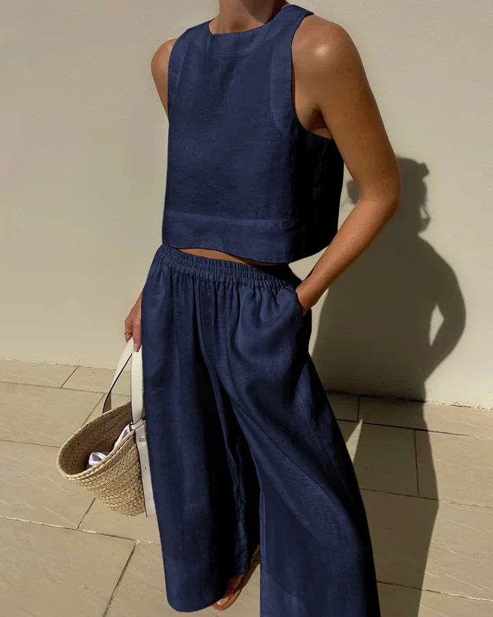 White linen minimalist matching set airy silhouette breathable fabric cool contemporary style