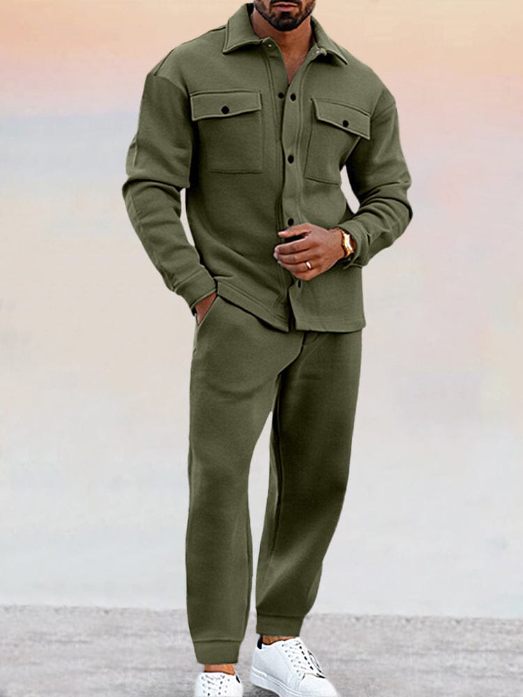 Men's tailored jacket and pants set in coordinated tones, modern slim cut with sophisticated casual styling