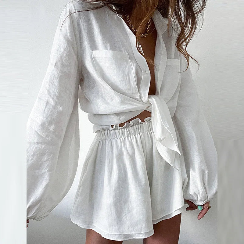 Women's linen two-piece set tie-front long sleeve shirt high waisted shorts breezy summer vacation