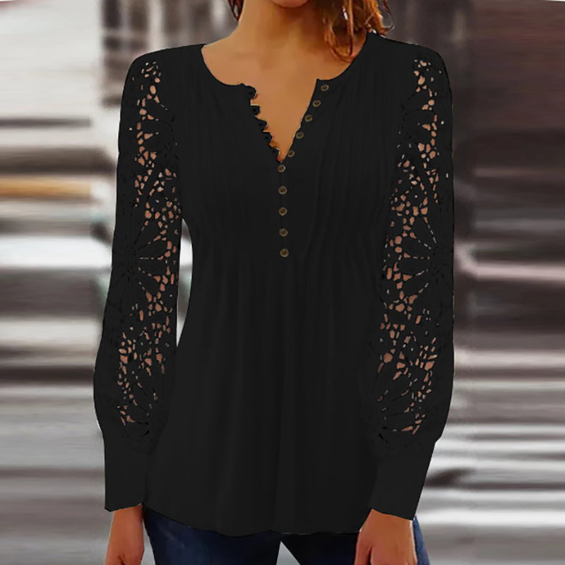 Women's white pleated blouse with floral lace long sleeves and scalloped neckline everyday chic