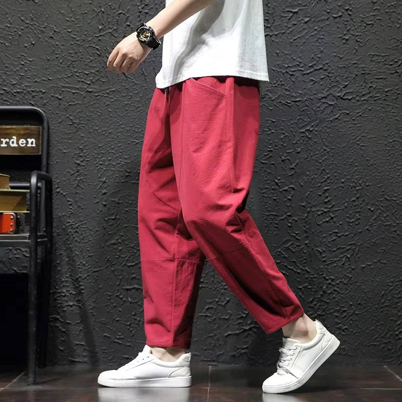 Men's lightweight cotton ankle-length relaxed fit pants breathable casual summer style