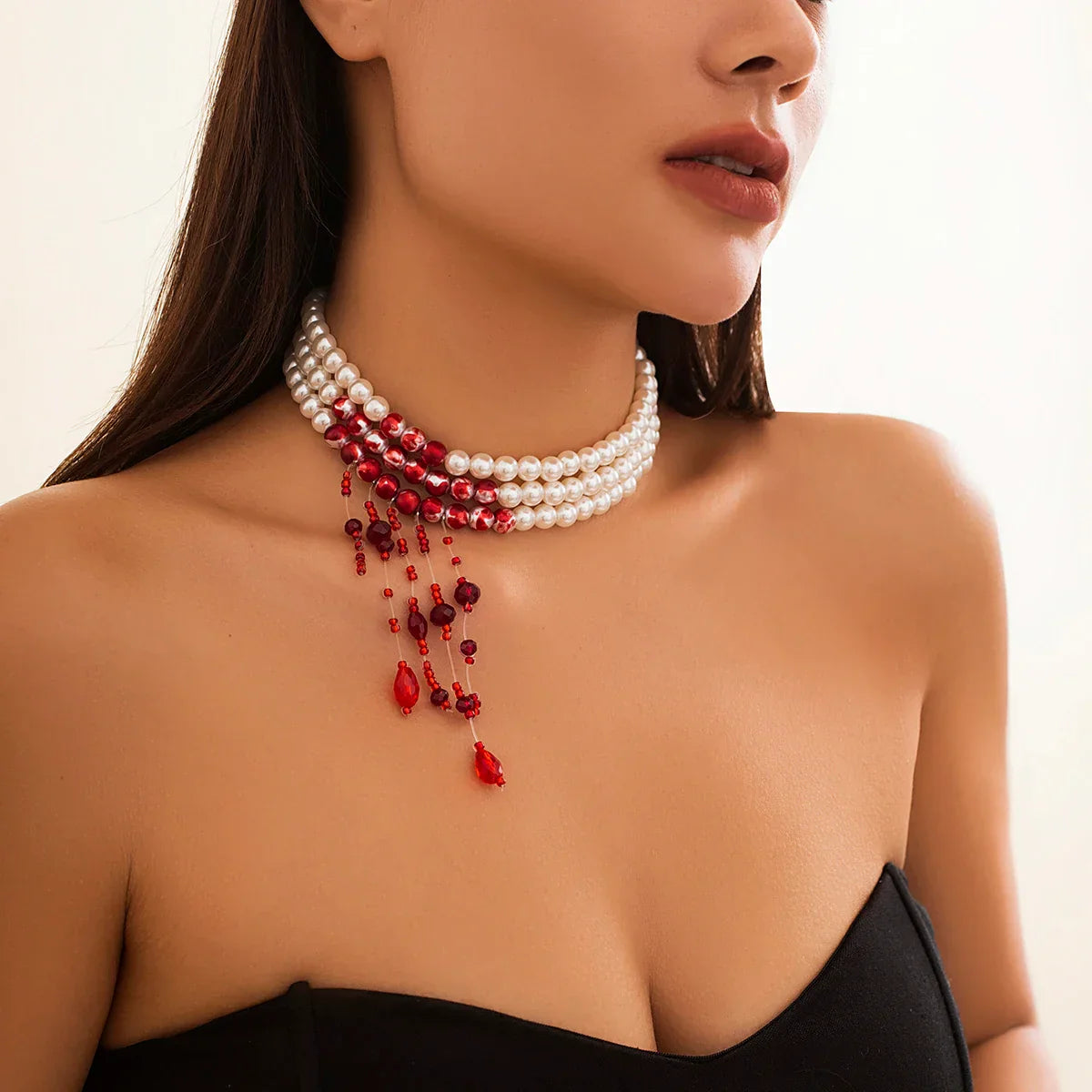 Crimson multi-layer pearl choker with crystal beading and adjustable clasp for Halloween glam
