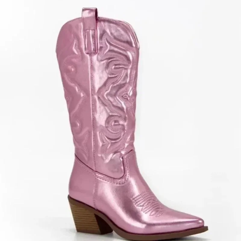 Women's brown leather knee-high heeled boots elegant Western style with smooth premium finish