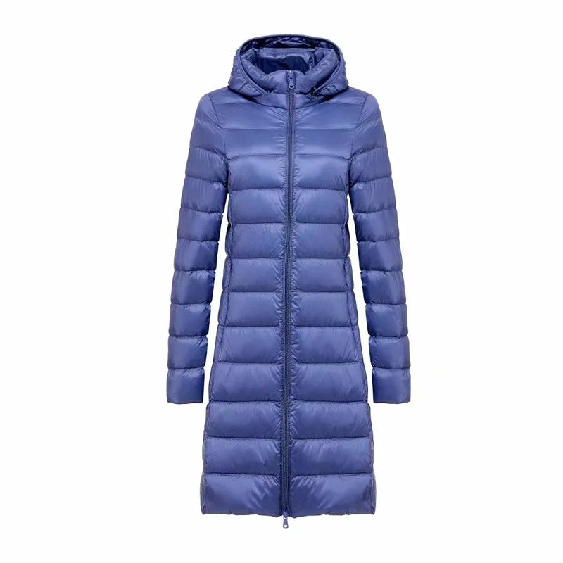 Long hooded puffer rain jacket lightweight waterproof quilted insulation streamlined silhouette all-weather