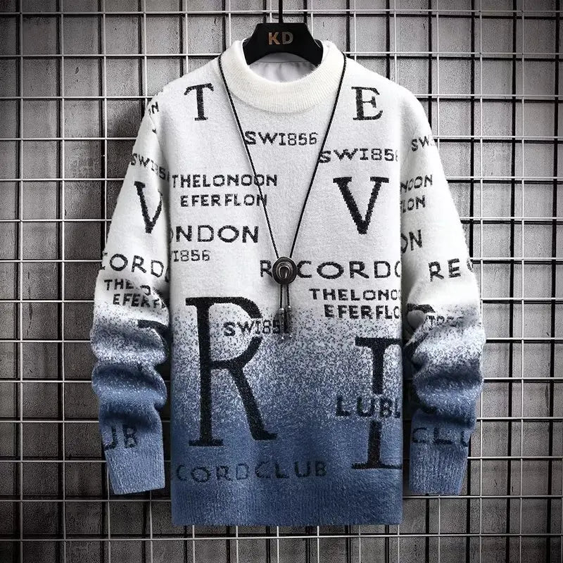 Men's relaxed-fit knit wool-feel pullover sweatshirt with O-neck and modern text print