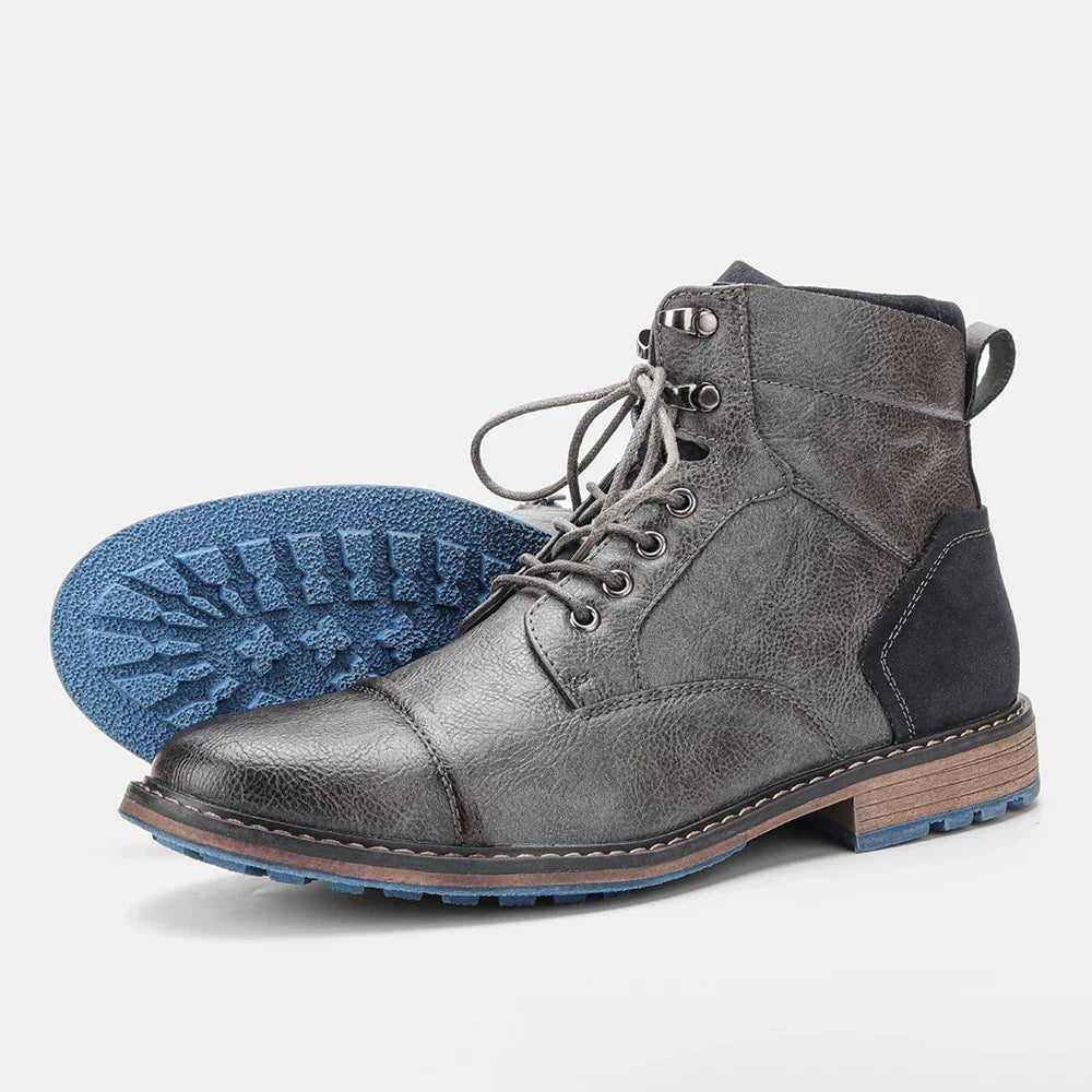Men's Urbann Vibe Garrison cap toe boot, weather-resistant rugged upper with blue rubber traction outsole