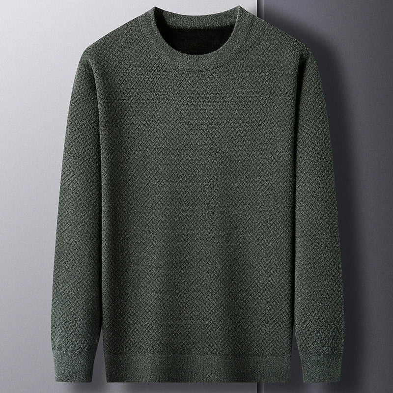 Men's textured wool crewneck sweater in neutral tone with distinctive knit pattern for cozy style