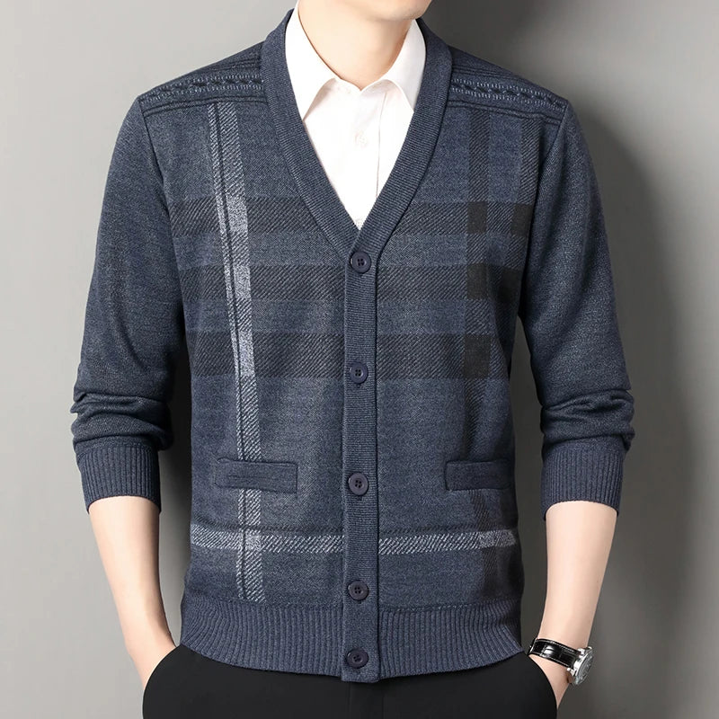Men's classic check knit cardigan tailored fit soft texture refined office layering essential