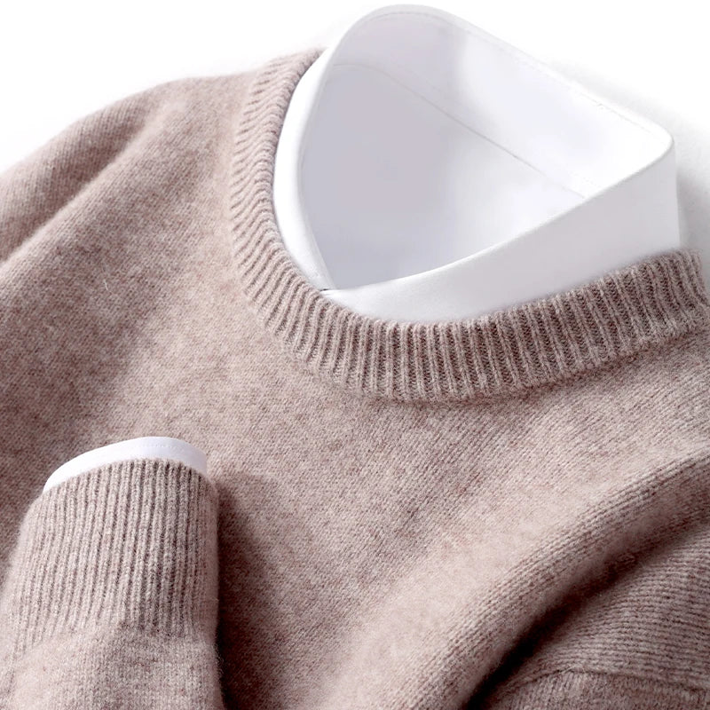 Men's merino wool crew neck pullover in classic neutral tone, soft regular fit everyday sweater