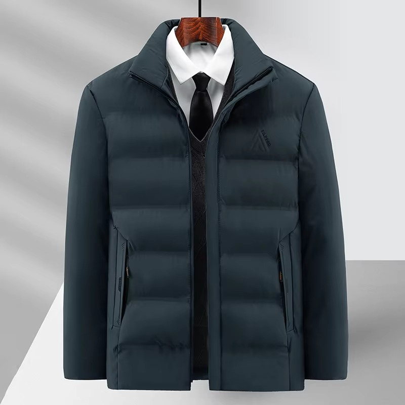Men's slim-fit luxury fleece winter coat in neutral tones, office-to-weekend style with plush lining