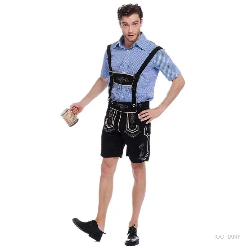 Men's brown faux leather Bavarian Lederhosen with embroidered suspenders for Oktoberfest festival