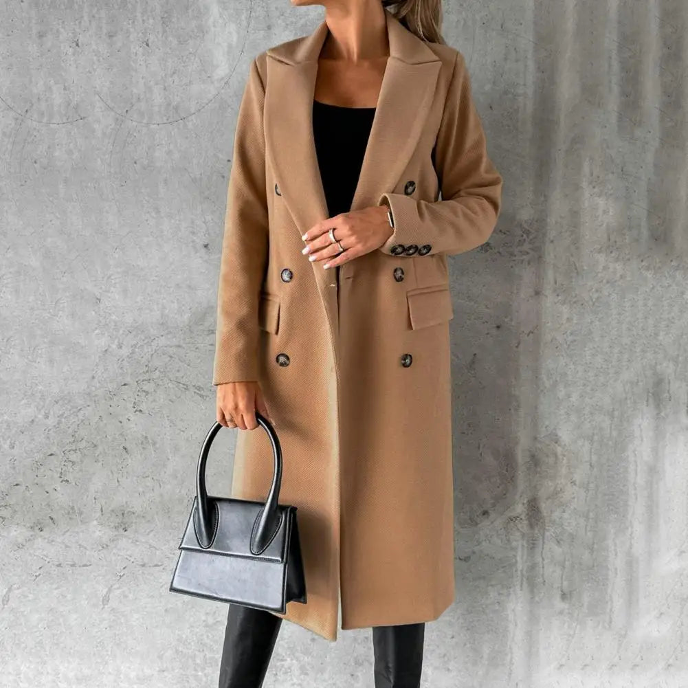 Women's winter trench coat structured double-breasted silhouette polished professional style cold weather