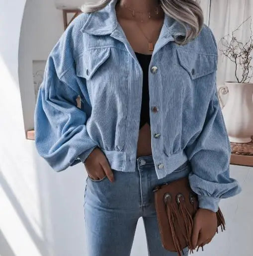 Mila cropped corduroy short jacket soft texture casual lapel button closure urban chic women