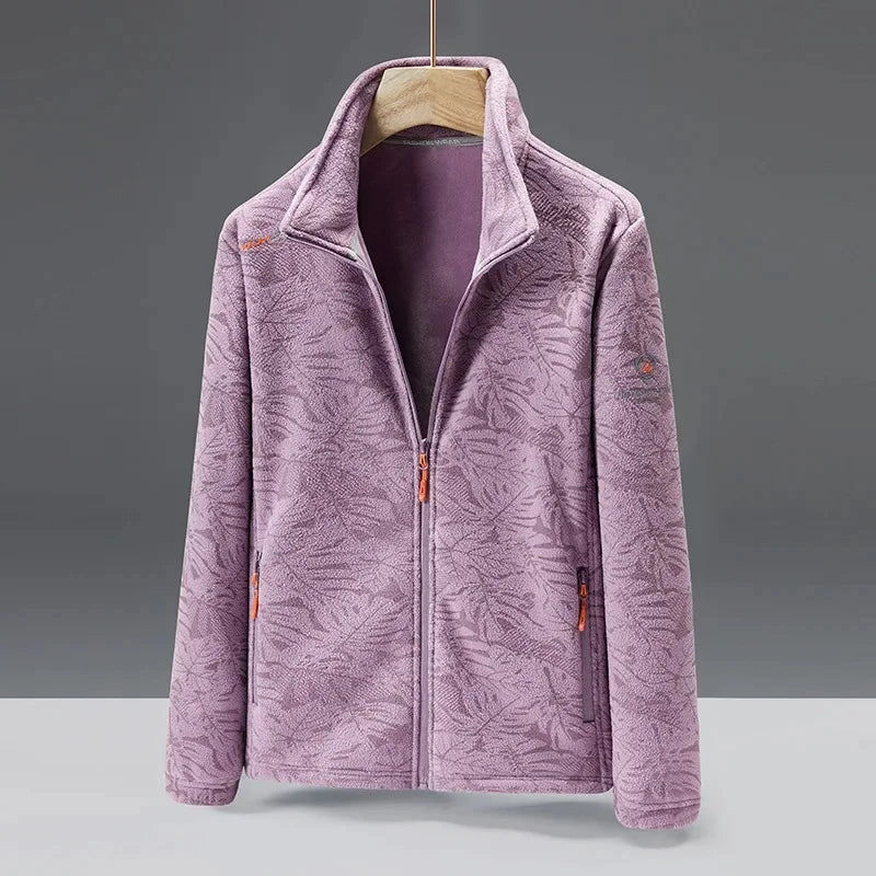 Men's gray fleece jacket standard fit high collar full-zip pockets soft texture everyday warmth