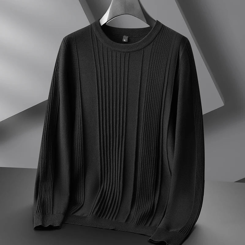 Beige textured ribbed knit unisex sweater with structured vertical pattern relaxed modern silhouette