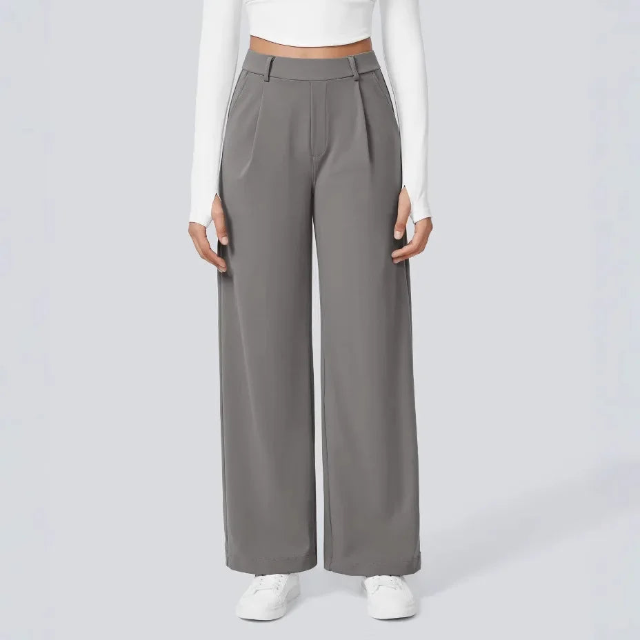 Donna wide-leg trousers high waist pleats tailored chic beige relaxed silhouette office-to-evening