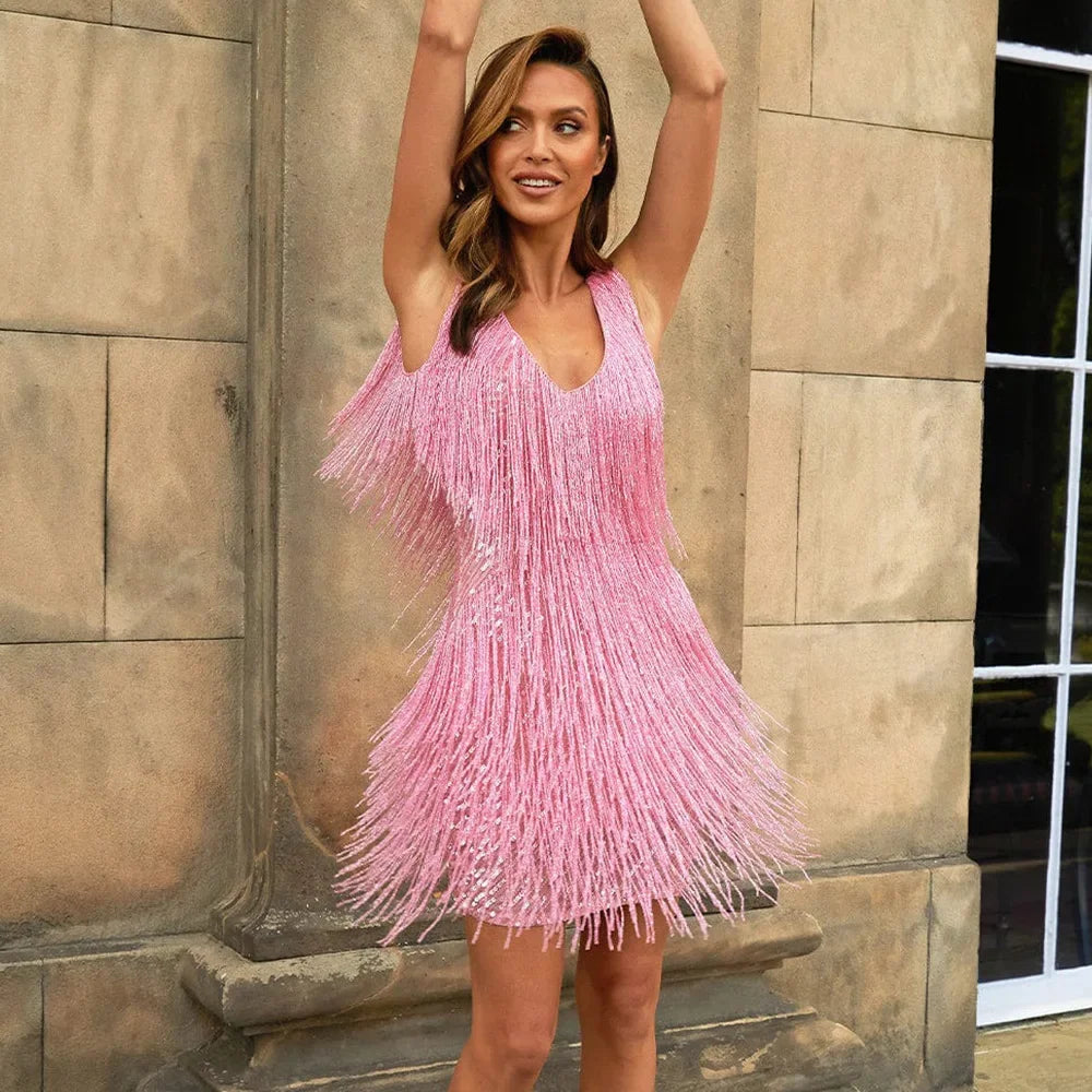 Women's black A-line cocktail dress with fringe feather trim for glamorous playful movement