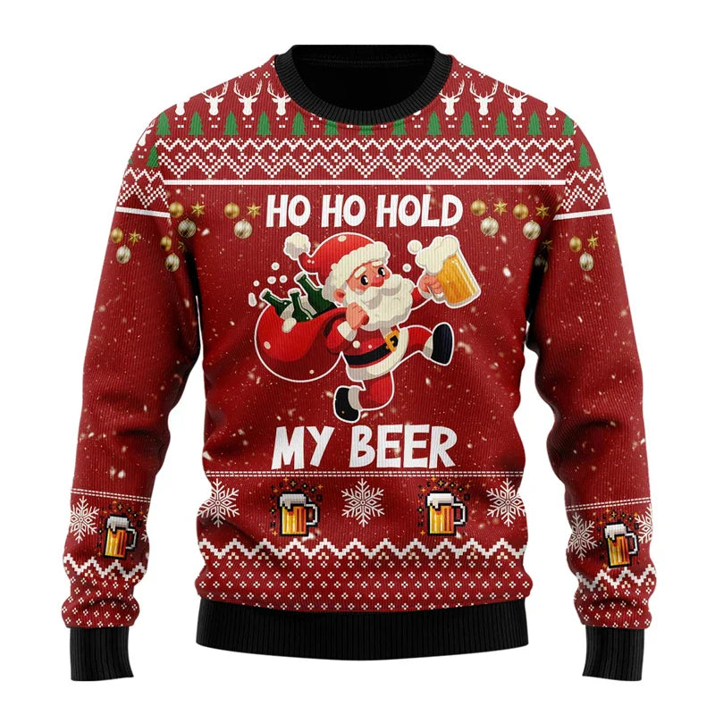 Men's red ugly Christmas sweater with funny festive holiday print, cozy crewneck winter pullover