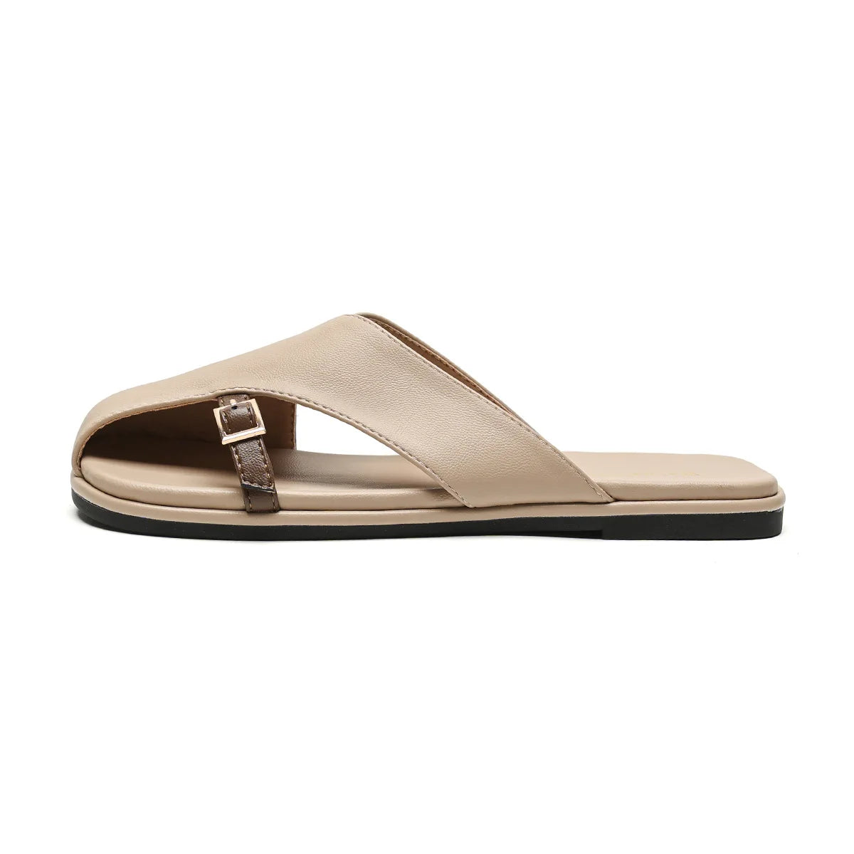 Women's black half-covered flat shoes squared toe cross strap bold contemporary silhouette all-day comfort