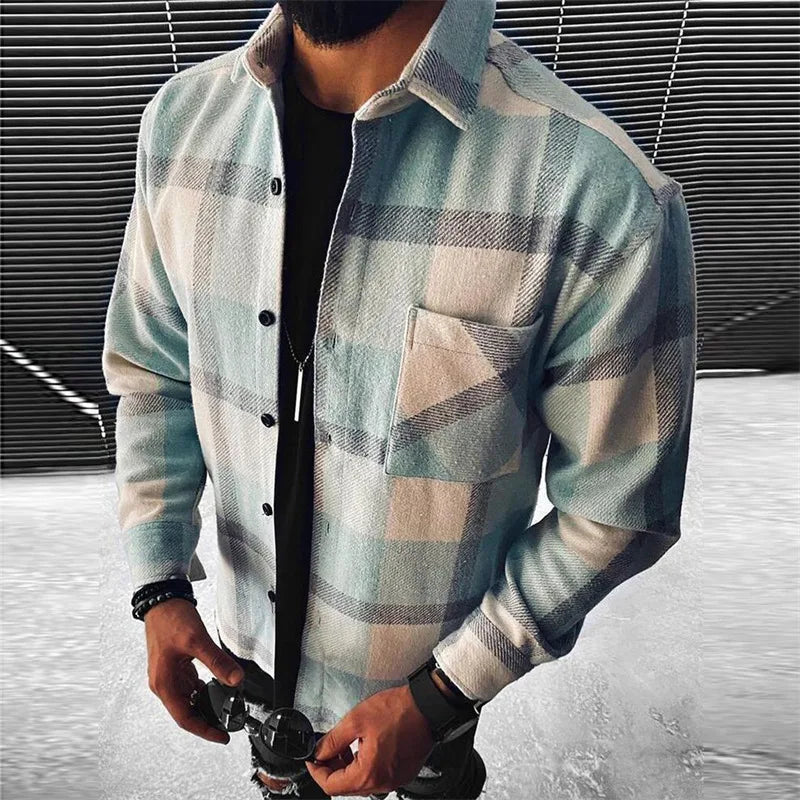 Men's blue and white check long sleeve shirt relaxed fit winter wardrobe essential
