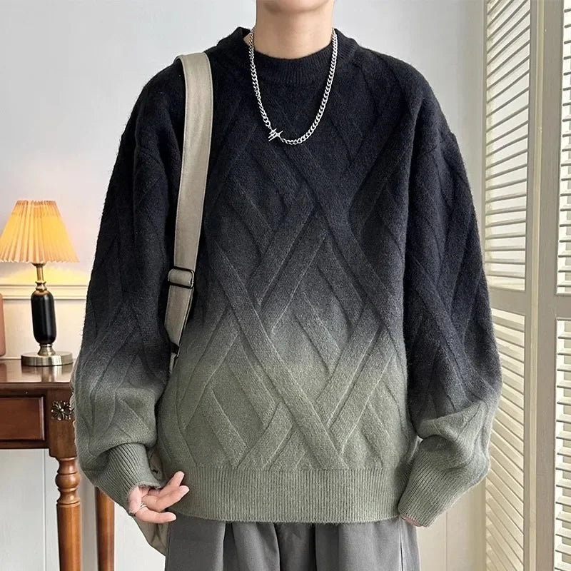 Gradient textured knit sweater with ombre fade, geometric pattern, modern relaxed fit
