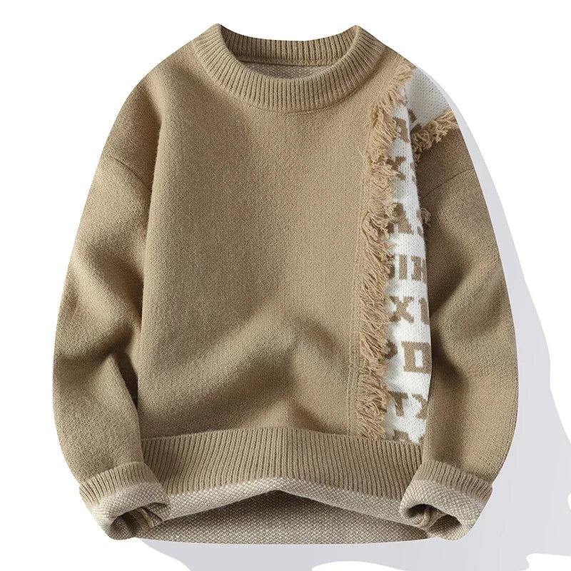 Women's cream knit sweater with contrast panel, crew neck, fringe seam detailing for cozy everyday style