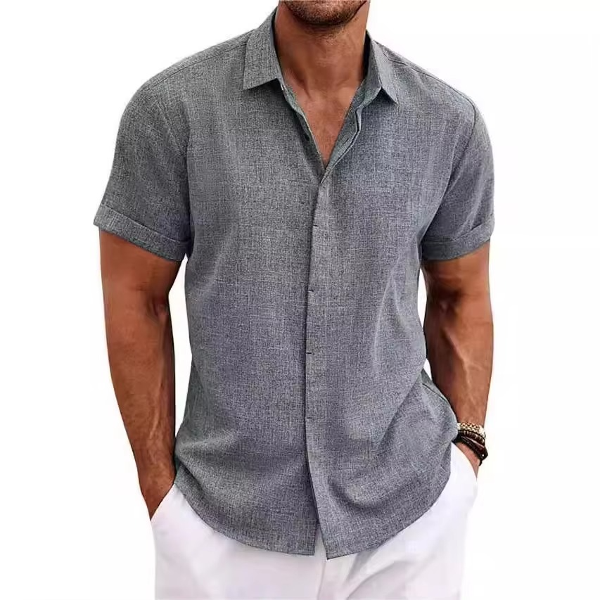 Men's short sleeve linen shirt lightweight breathable solid color classic collar relaxed summer fit