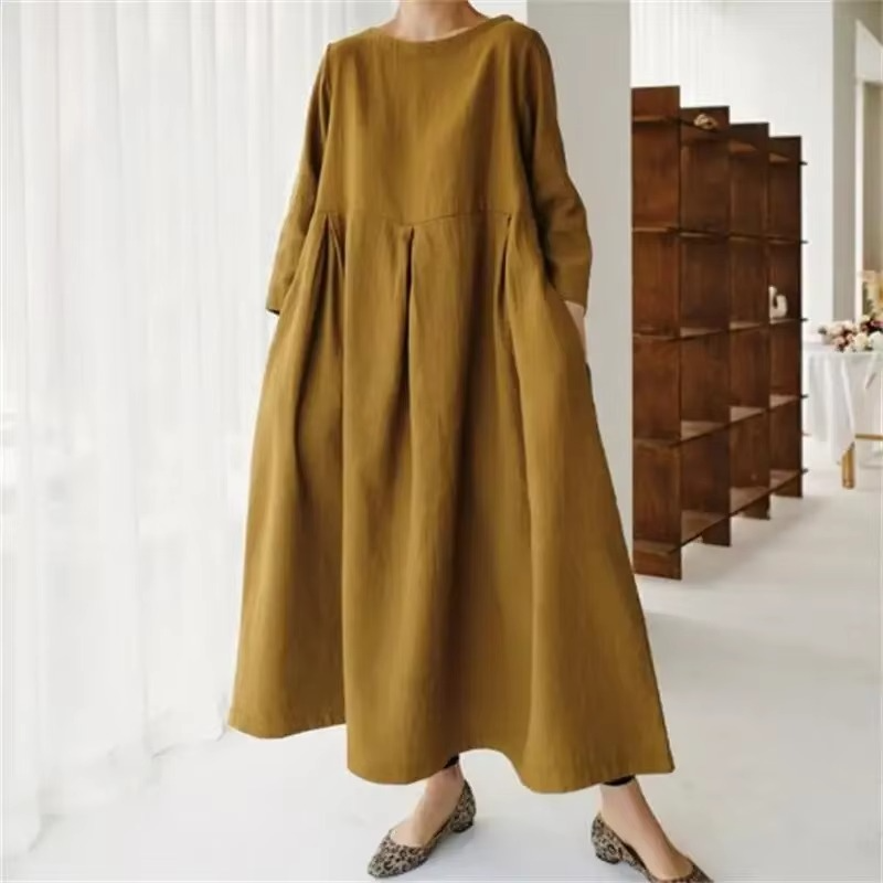 Plus size cotton linen maxi dress loose fit breathable lightweight pullover for all-day warm-weather comfort