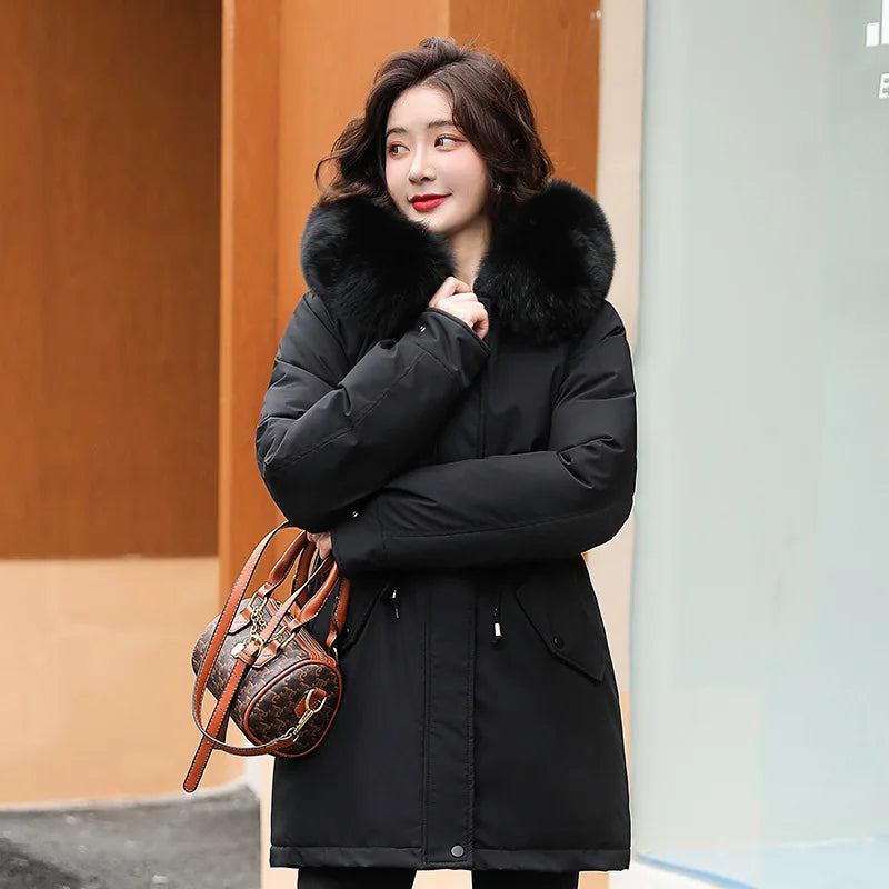 Women's winter jacket with detachable fur collar hood, lined outerwear for cold-weather versatile style
