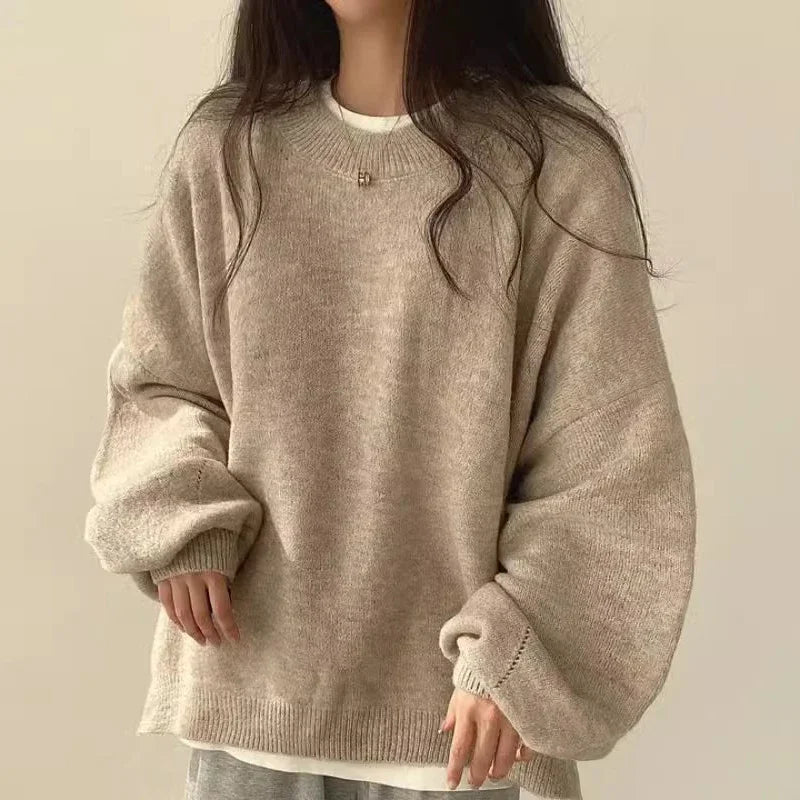 Women's oversized cream knit sweater relaxed fit round neckline long sleeves winter layering