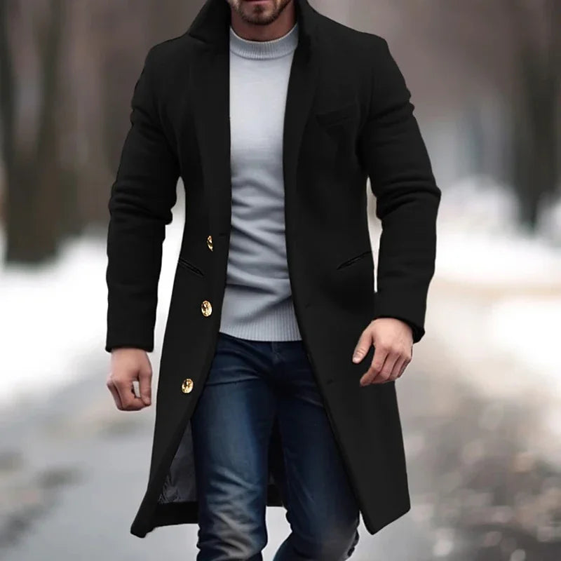 Men's charcoal tailored wool-blend coat, full-length regular fit with structured formal silhouette