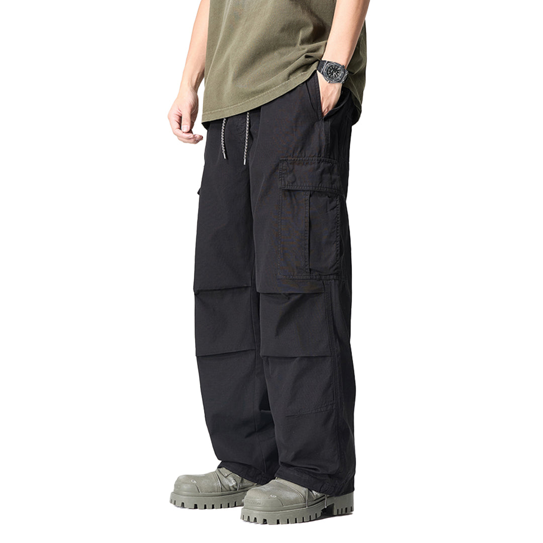 Men's khaki cotton cargo pants relaxed fit with drawstring waist and multi-pocket utility design