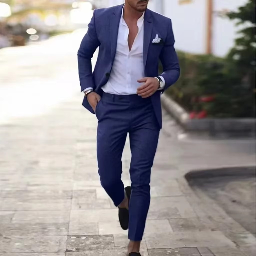 Men's linen two-piece blazer and pants suit set tailored slim fit for summer weddings and beach events