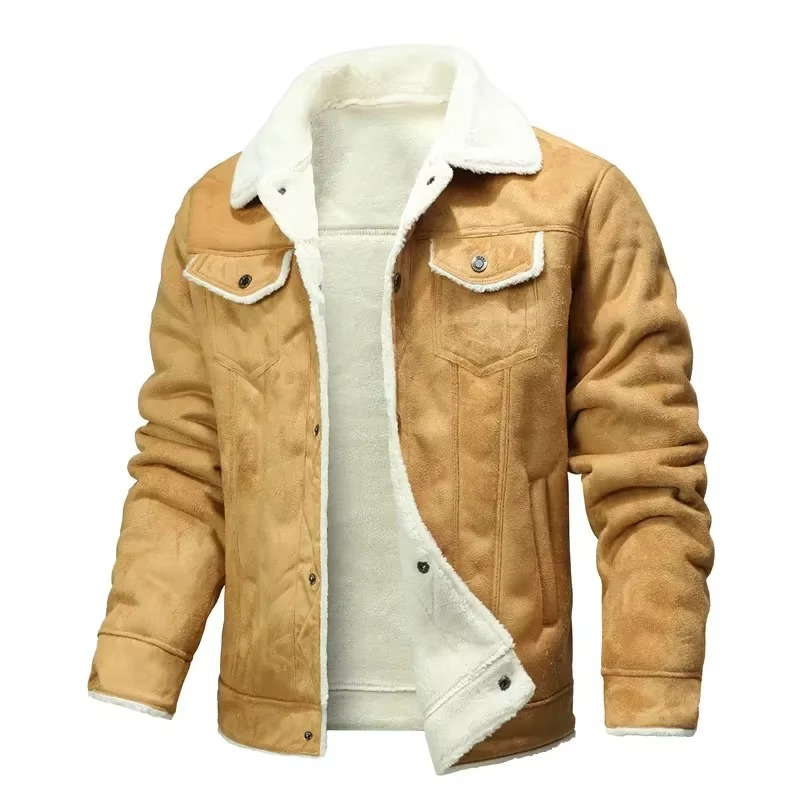 Men's brown suede leather winter coat thick fleece lining turn-down collar slim fit