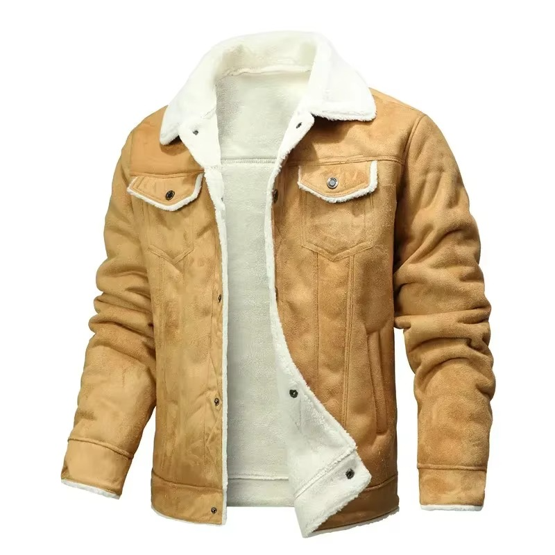 Men's brown suede leather winter coat with thick fleece lining, rugged yet refined cold-weather style