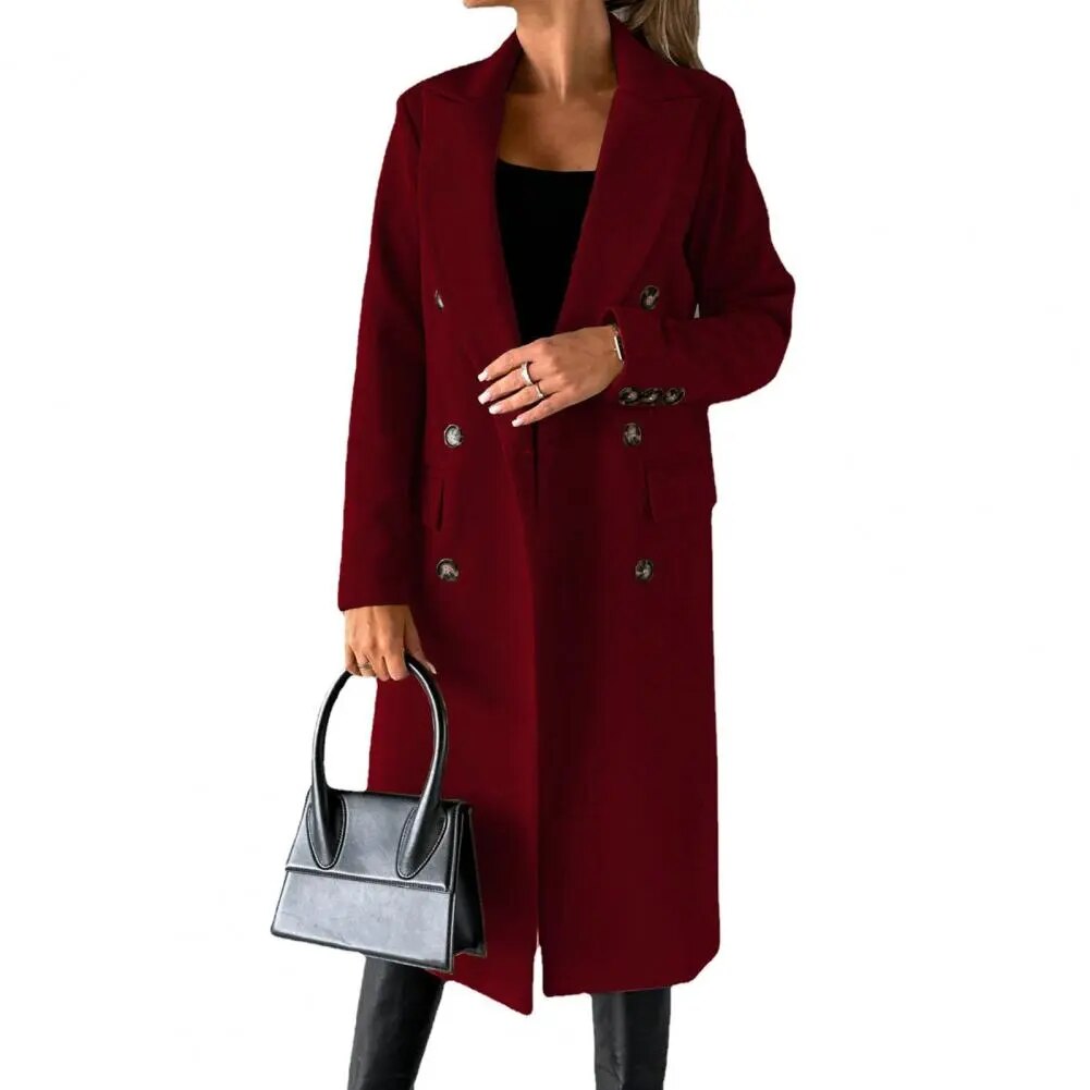 Women's double-breasted winter trench coat structured lapels polished workday evening classic silhouette