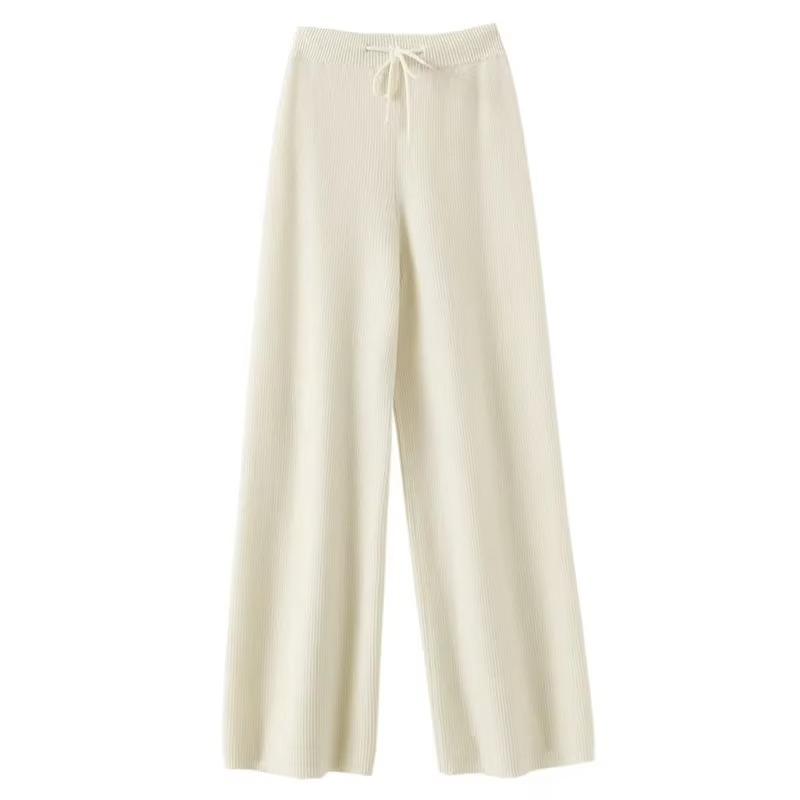 Women's high waist wide leg woolen knit pants in warm neutral tones with elastic waistband