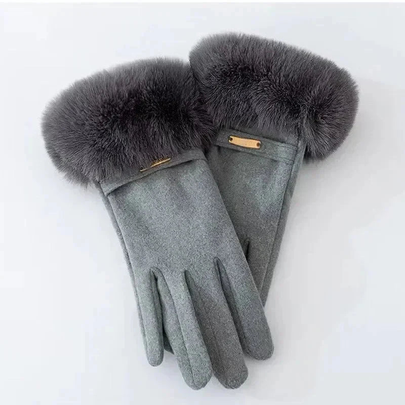 Women's elegant wrist-length gloves with luxurious fur trim and chic strap detail for winter