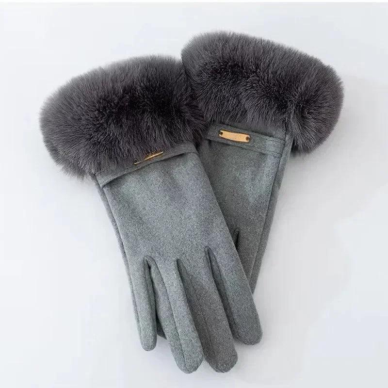 Women's fitted wrist-length gloves with plush fur cuff and subtle metallic accent for elegant style