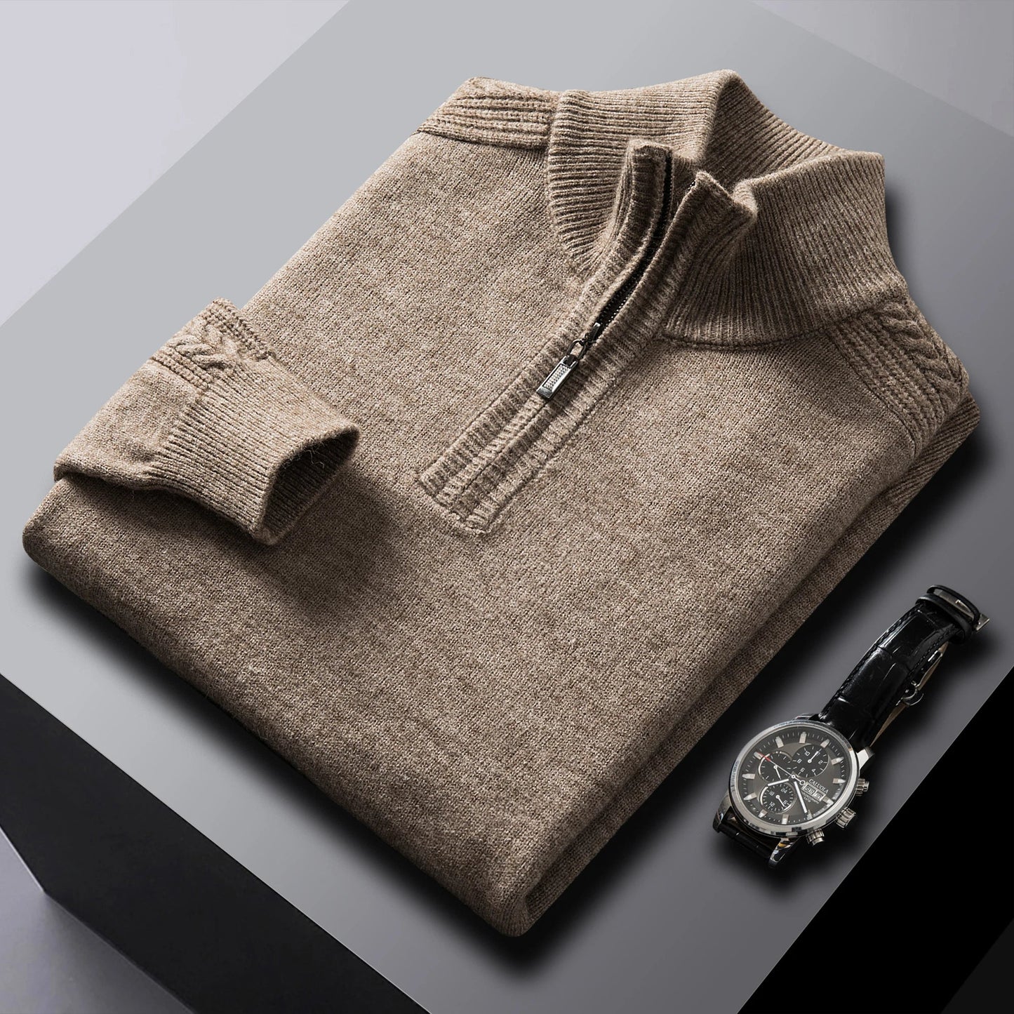 Men's cream cable knit quarter-zip wool sweater with textured multi-dimensional pattern