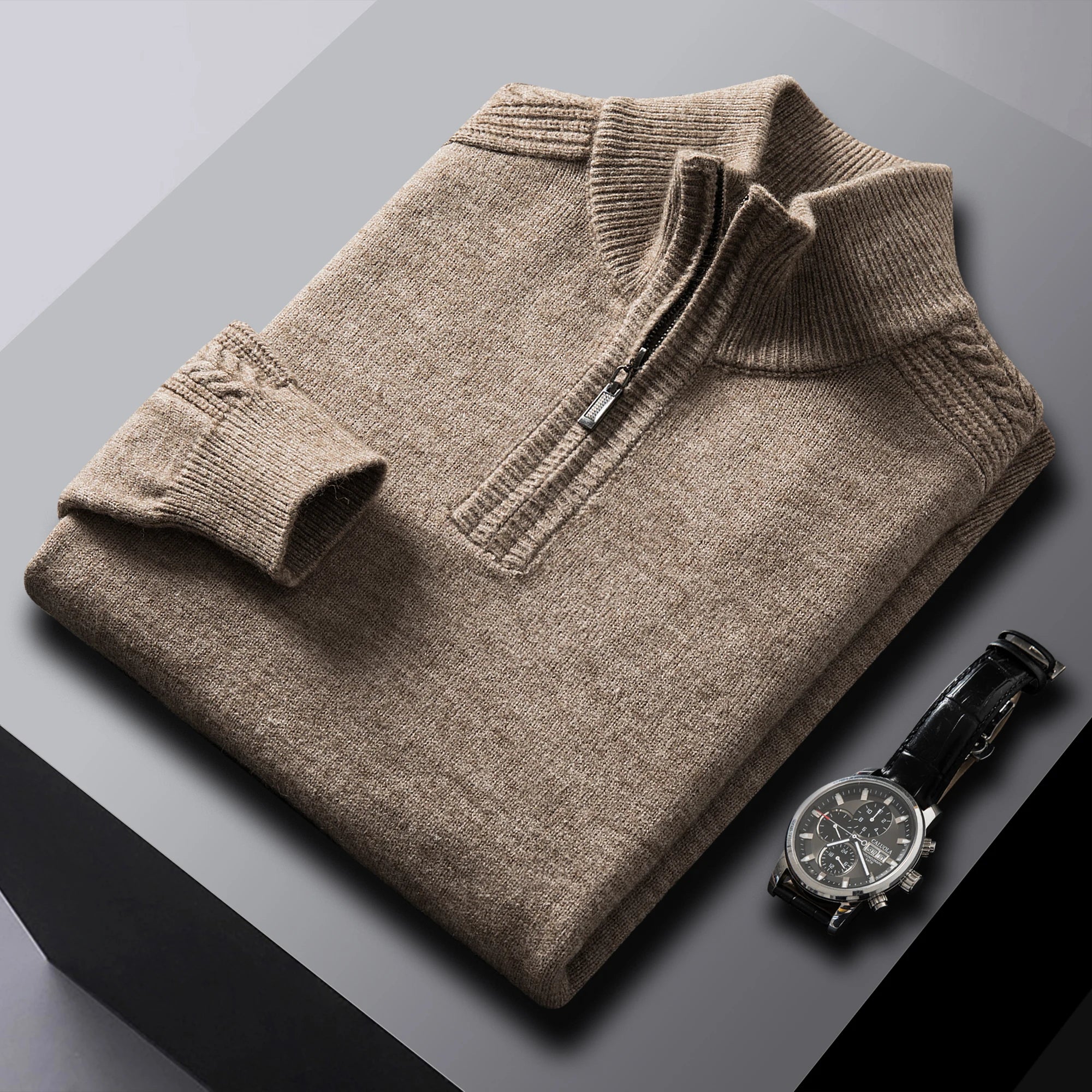 Men's cream cable knit quarter-zip wool sweater with textured multi-dimensional pattern