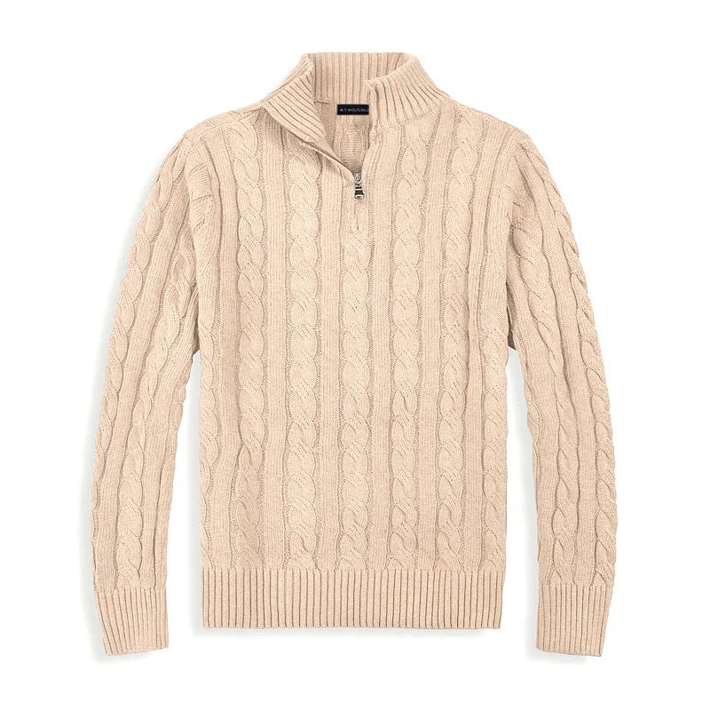 Men's gray cable knit half-zip sweater with breathable cotton blend and classic layering fit