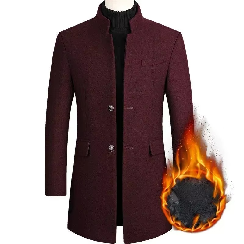 Men's burgundy wool blend trench coat medium-long cut with thickened fabric for premium winter warmth